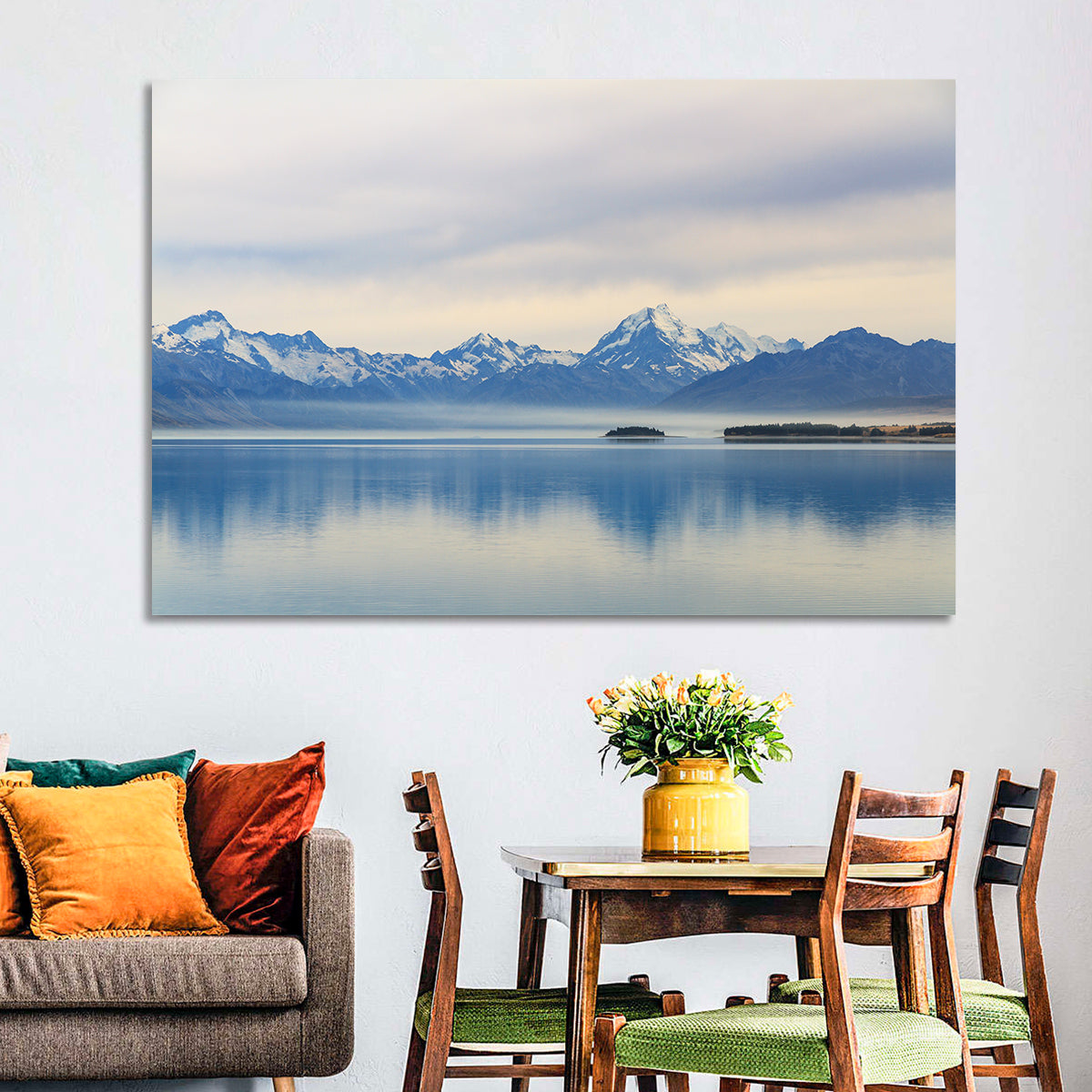Mount Cook Reflection at Lake Pukaki Wall Art in a room, landscape