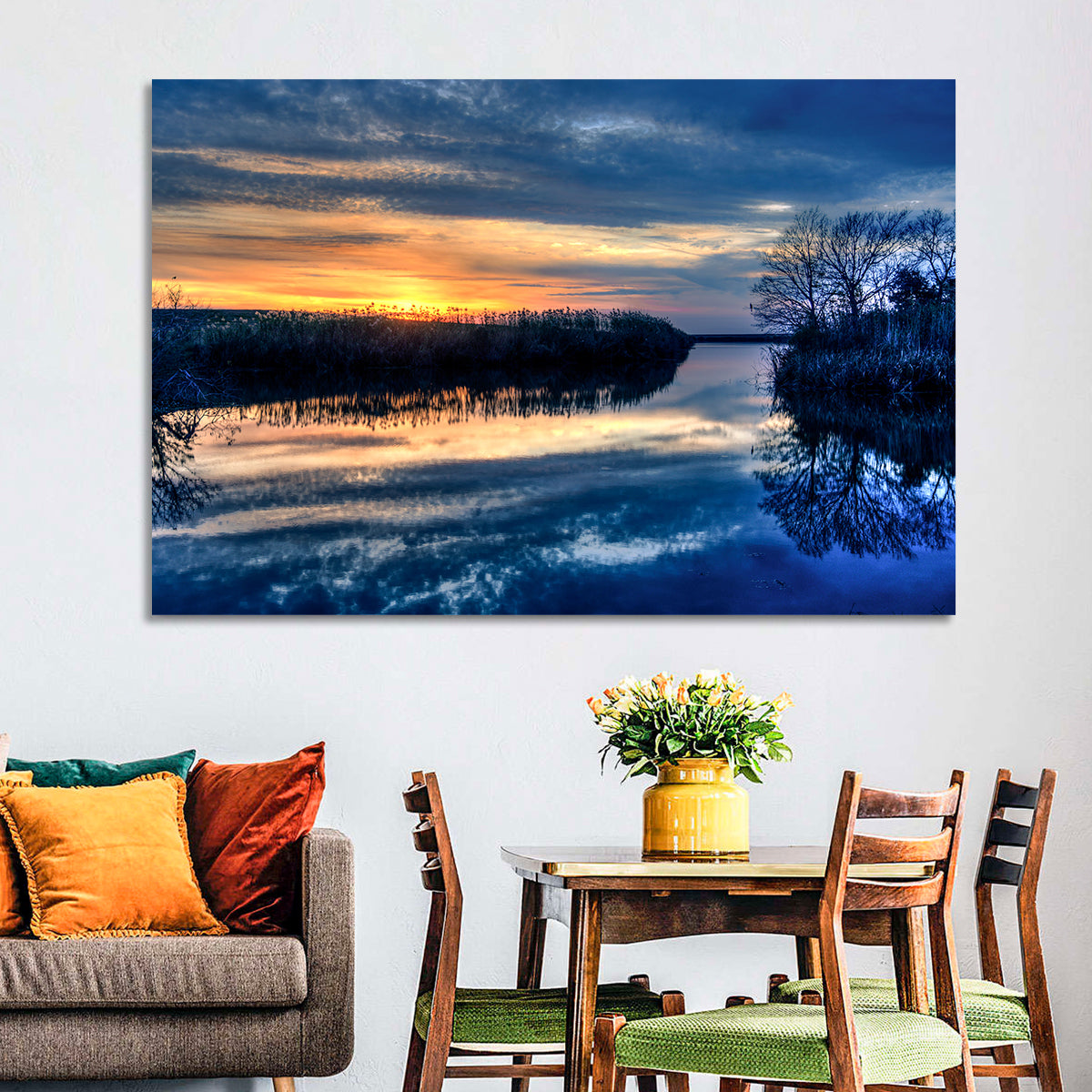 Louisiana Bayou Sunset Wall Art in a room, landscape