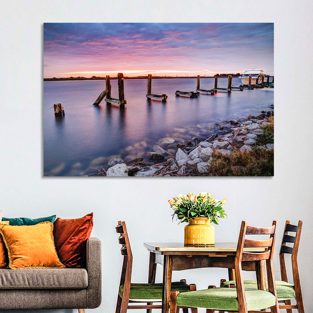 Bayou Lafourche Dock Sunrise Wall Art in a room, landscape