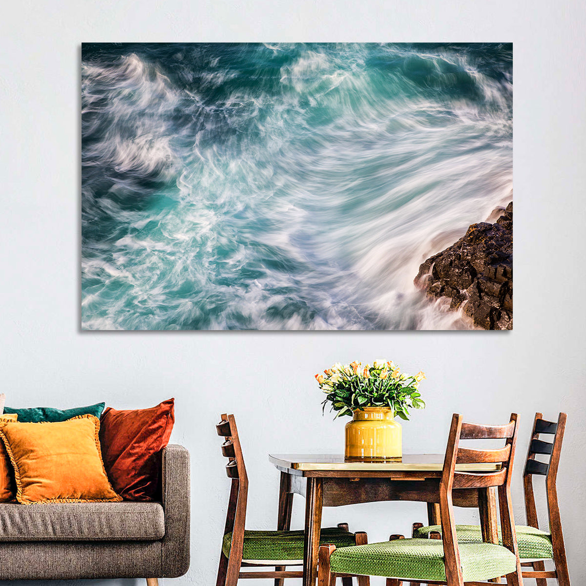 Silky Teal Ocean Waves Wall Art in a room, landscape
