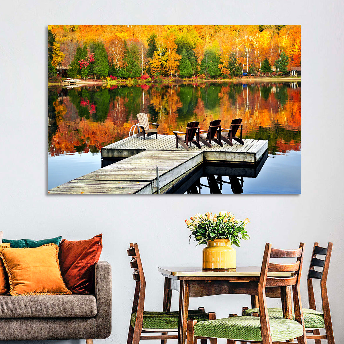 Autumn Lake Dock with Adirondack Chairs Wall Art in a room, landscape