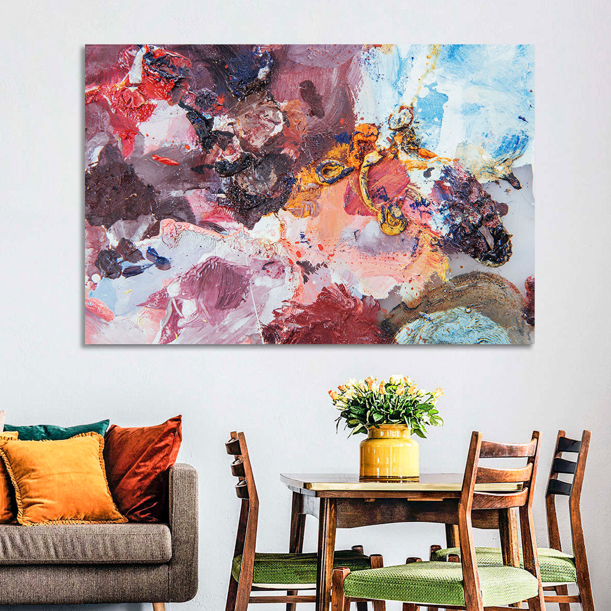 Impasto Color Swirl Abstract Wall Art in a room, landscape