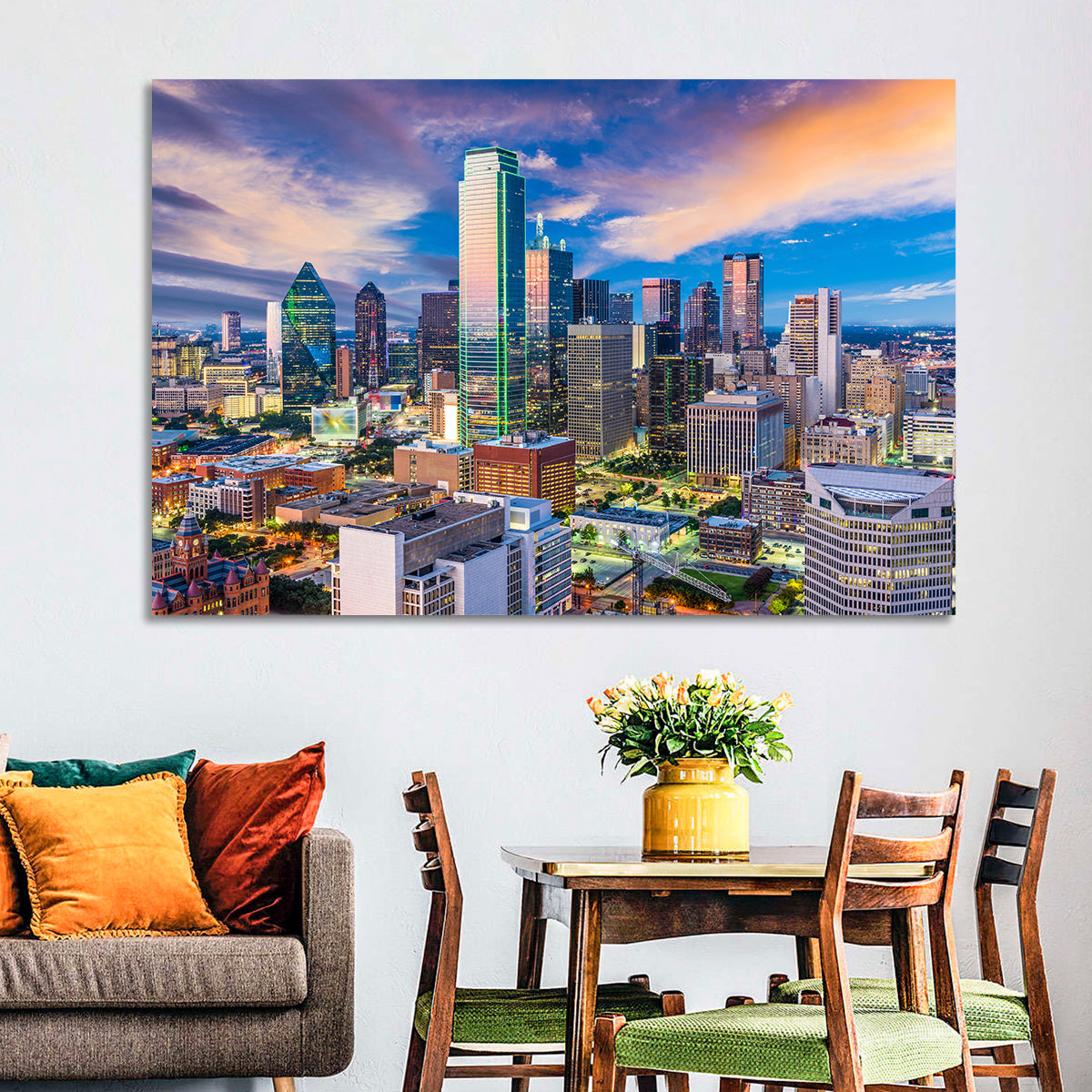 Dallas Twilight Skyline Wall Art in a room, landscape