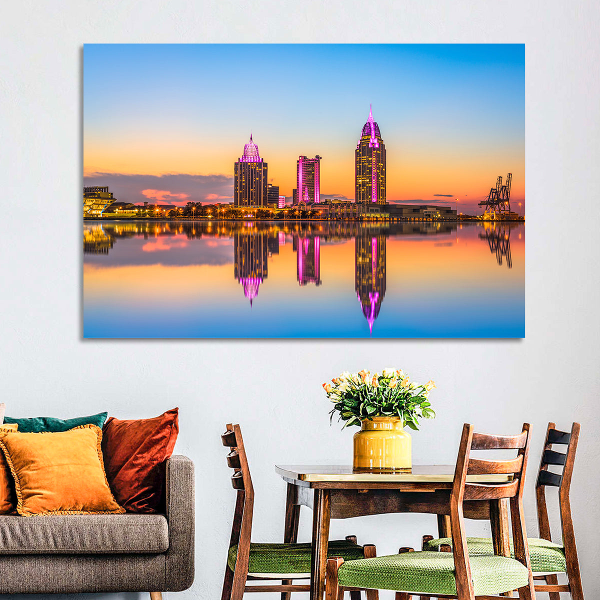 Mobile Alabama Sunset Skyline Wall Art in a room, landscape