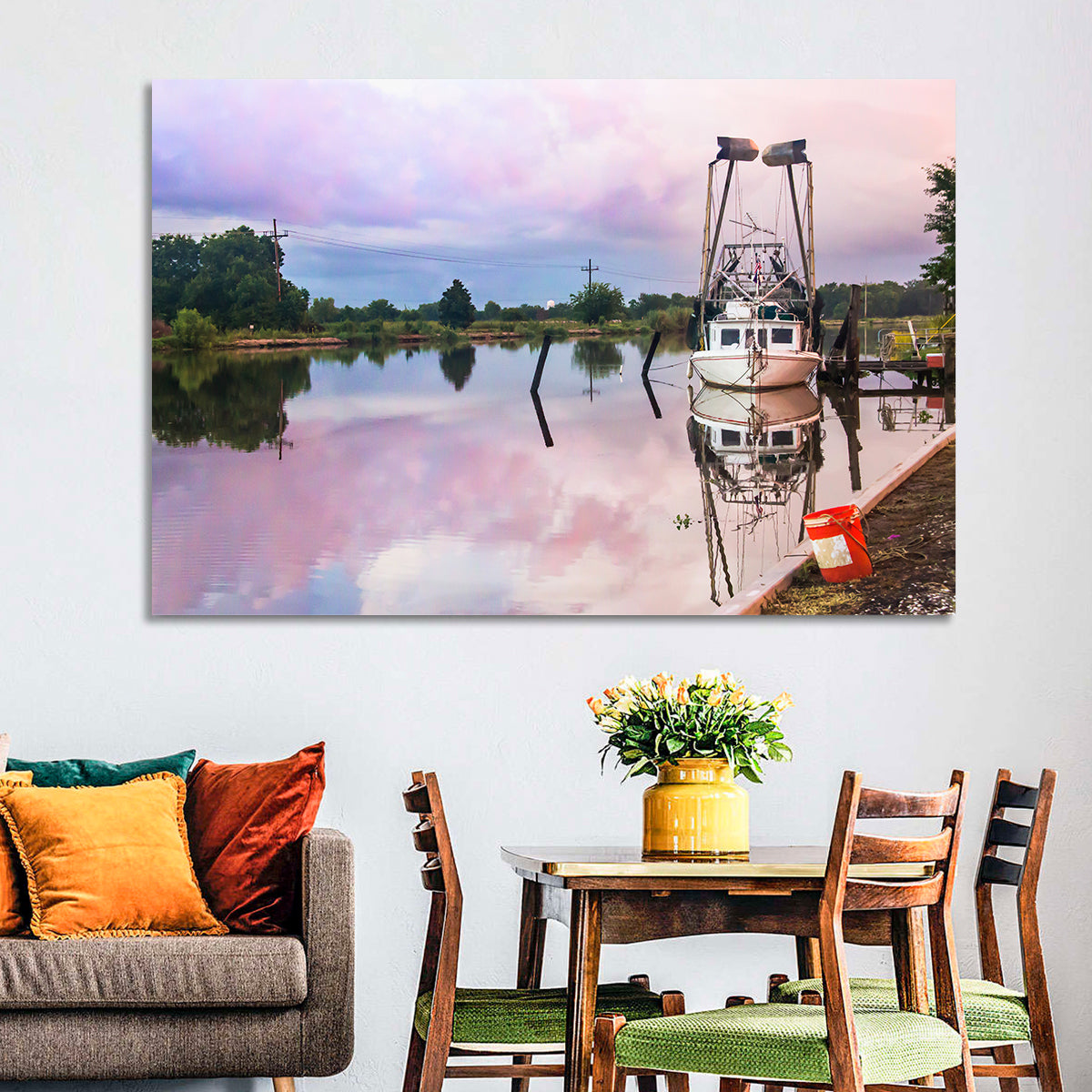 White Shrimp Boat on Louisiana Bayou Wall Art in a room, landscape