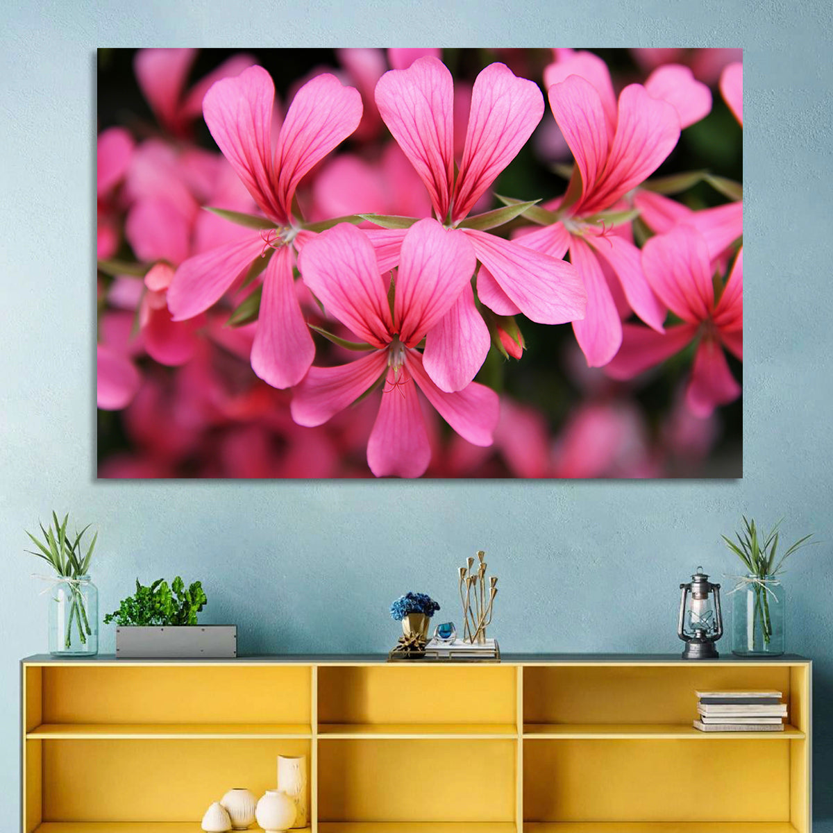 Pink Geranium Close Up Wall Art in a room, landscape