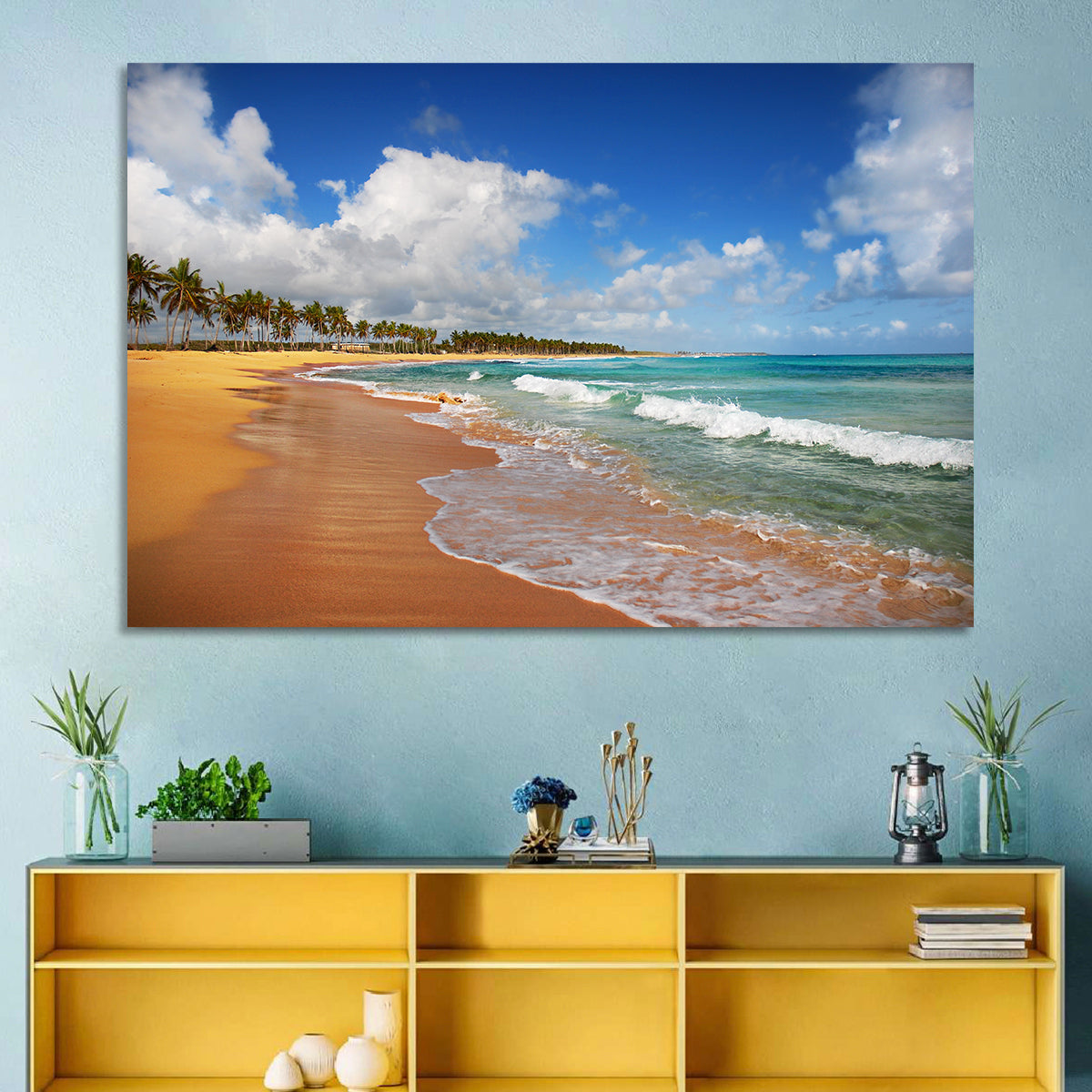 Palm Lined Tropical Coast Wall Art in a room, landscape