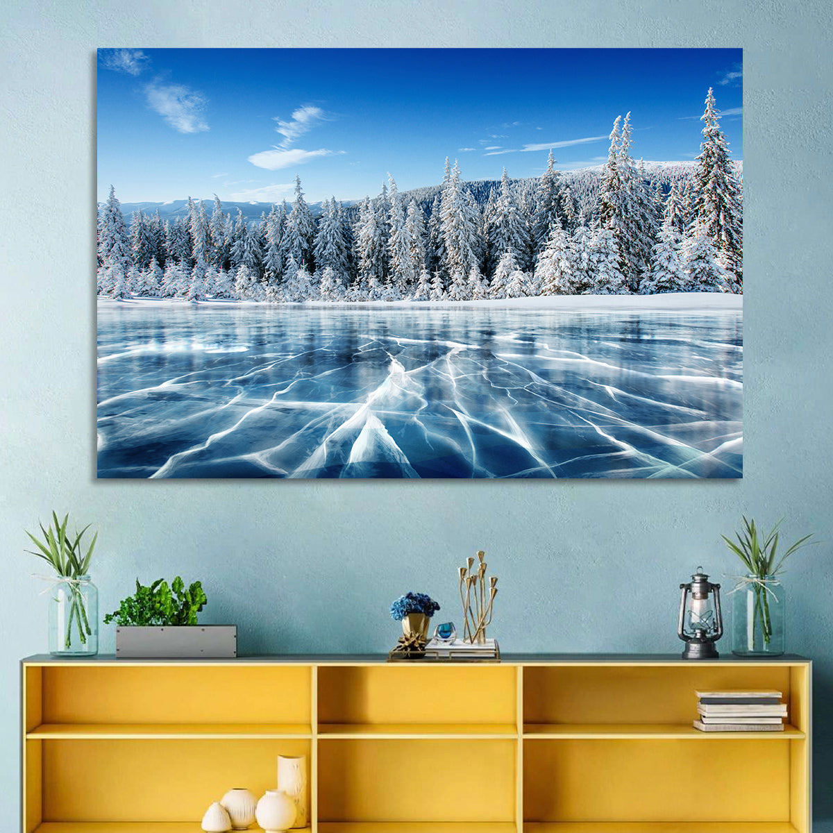 Cracked Ice Lake with Snowy Pines Wall Art
