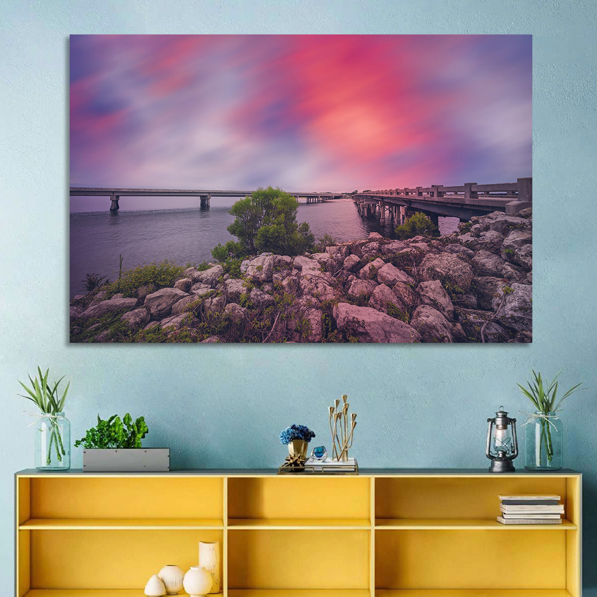 Amelia Island Sunset Bridge Wall Art in a room, landscape