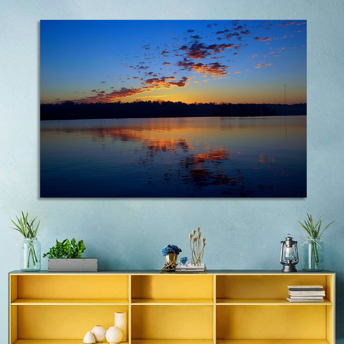 Lake Livingston Sunset Reflection Wall Art in a room, landscape