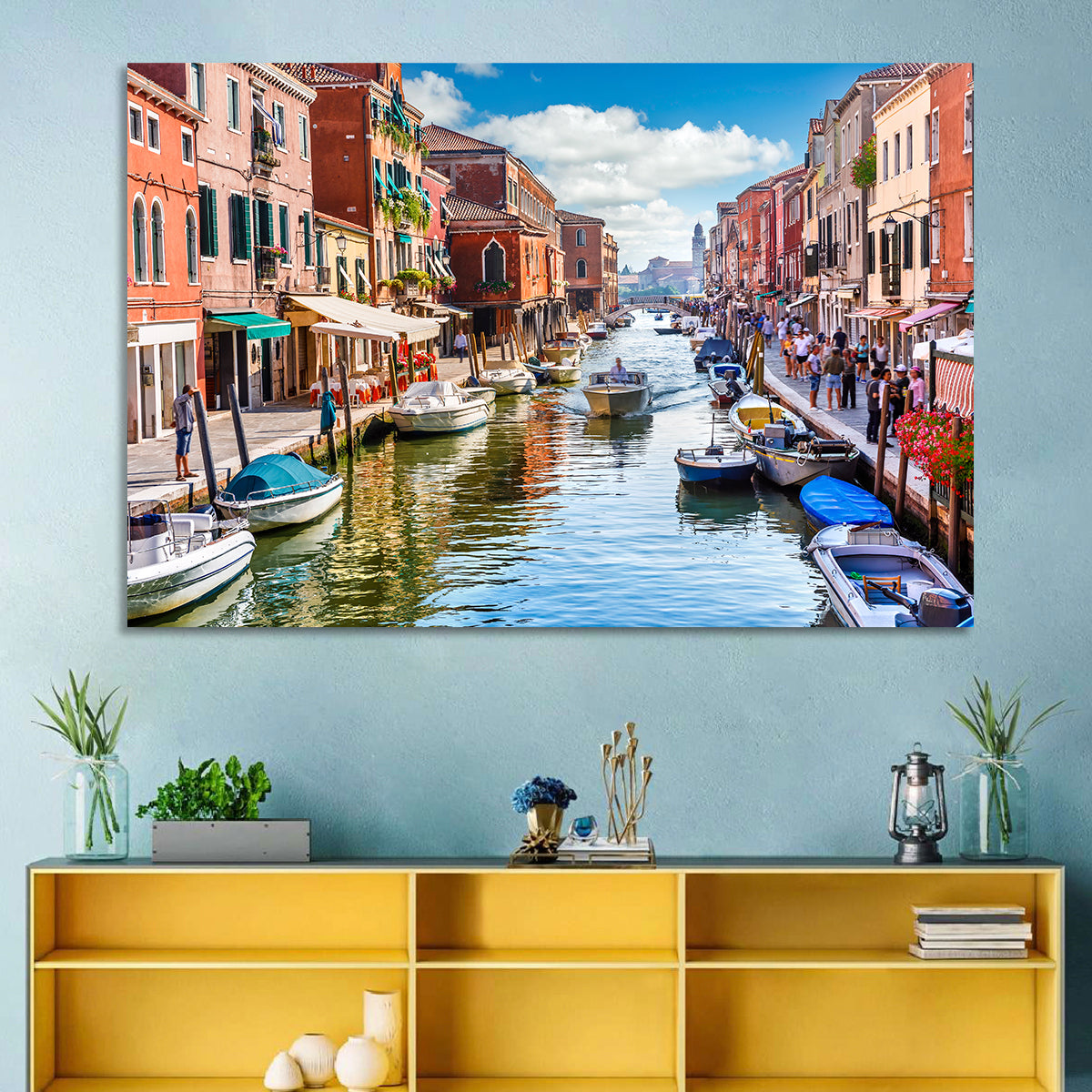Sunlit Burano Canal, Venice Wall Art in a room, landscape
