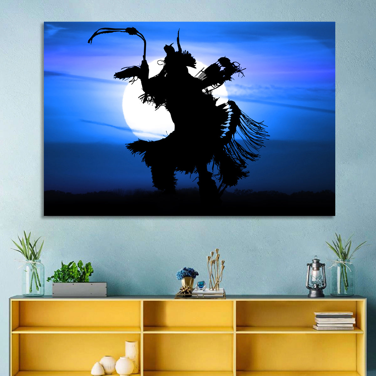 Moonlit Pow Wow Dancer Wall Art in a room, landscape