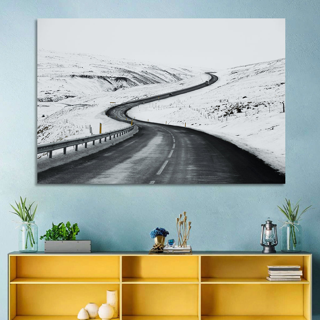 Winding Snow Road with Yellow Markers Wall Art