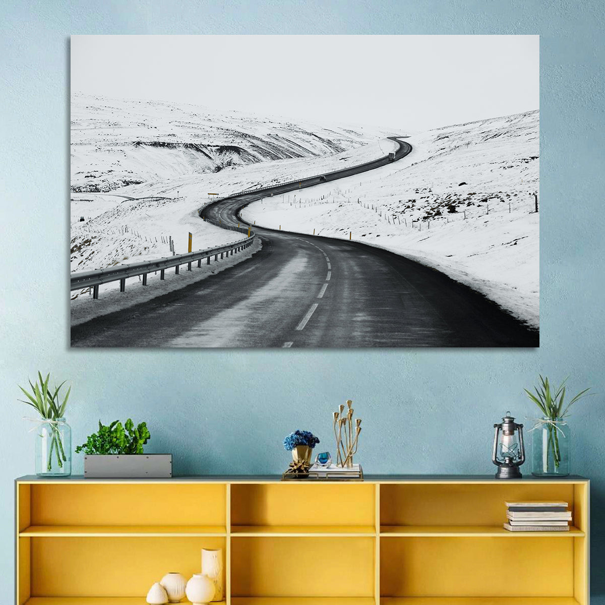 Winding Snow Road with Yellow Markers Wall Art in a room, landscape