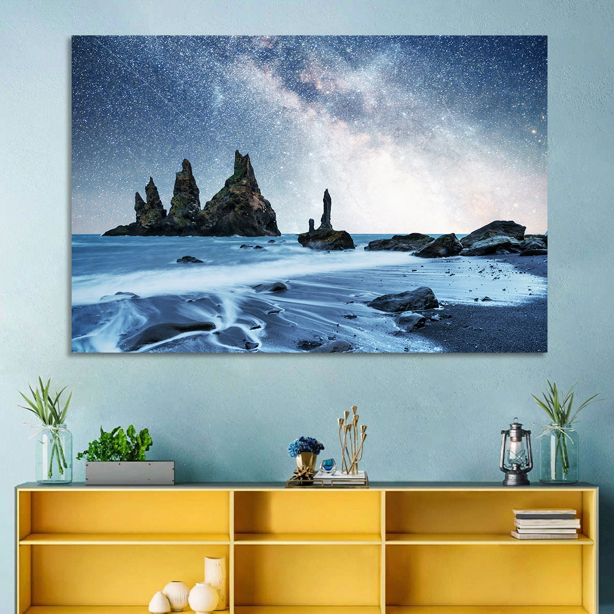 Reynisdrangar Sea Stacks Night Wall Art in a room, landscape