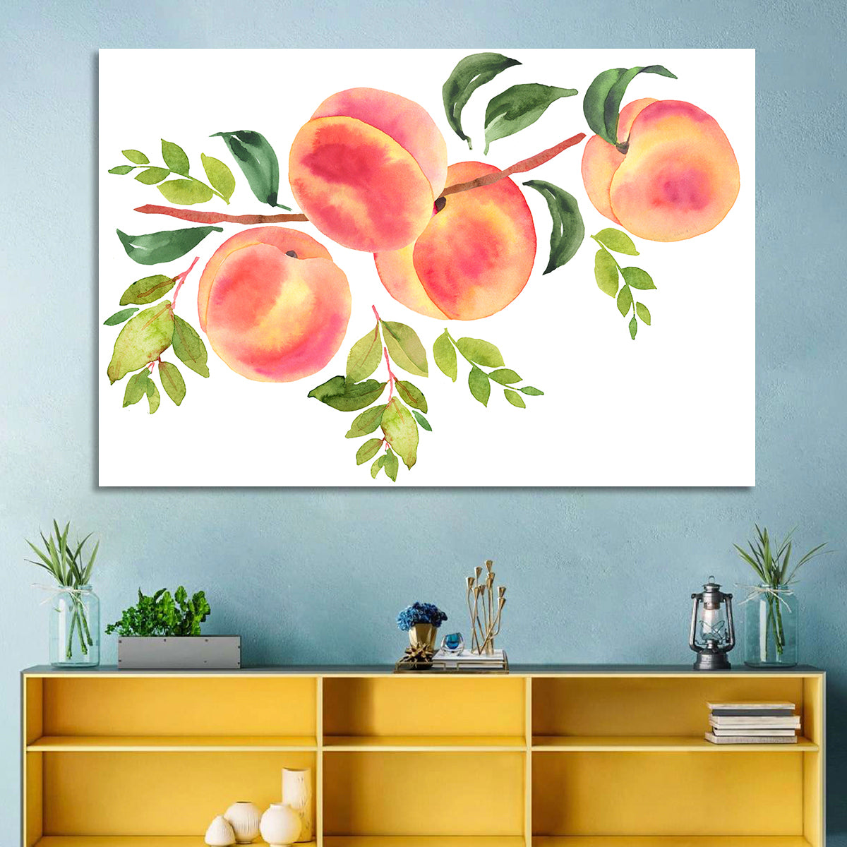 Watercolor Peach Branch Wall Art in a room, landscape