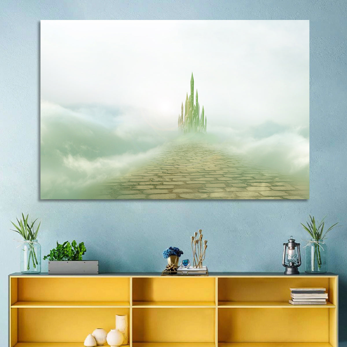 Cobblestone Path to Emerald Castle Wall Art in a room, landscape
