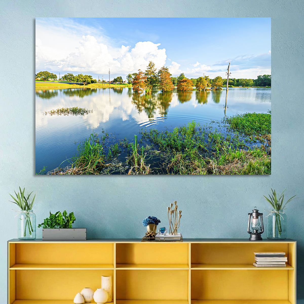 Lafayette Bayou Reflection Wall Art in a room, landscape