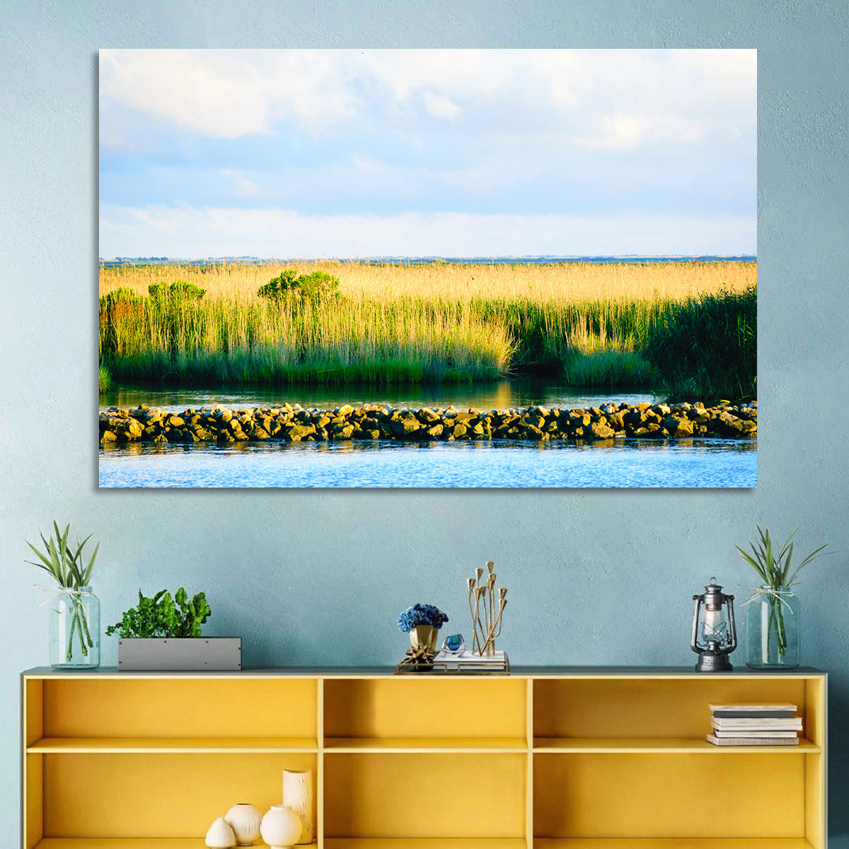 Louisiana Bayou Marsh at Golden Hour Wall Art in a room, landscape