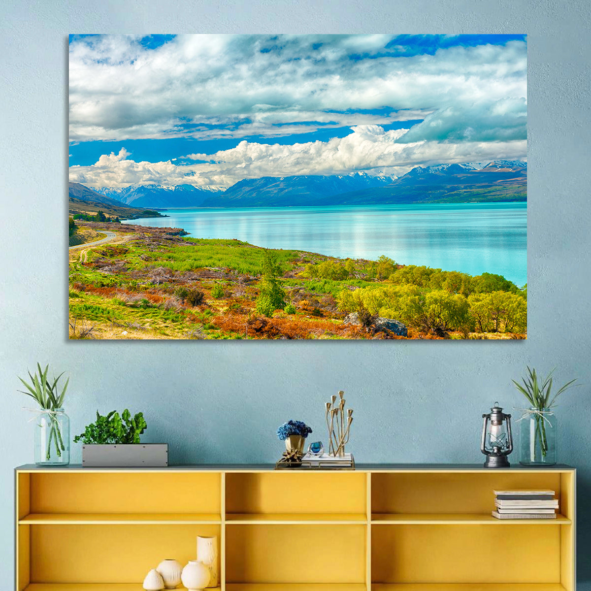 Turquoise Lake Pukaki with Mount Cook Wall Art in a room, landscape