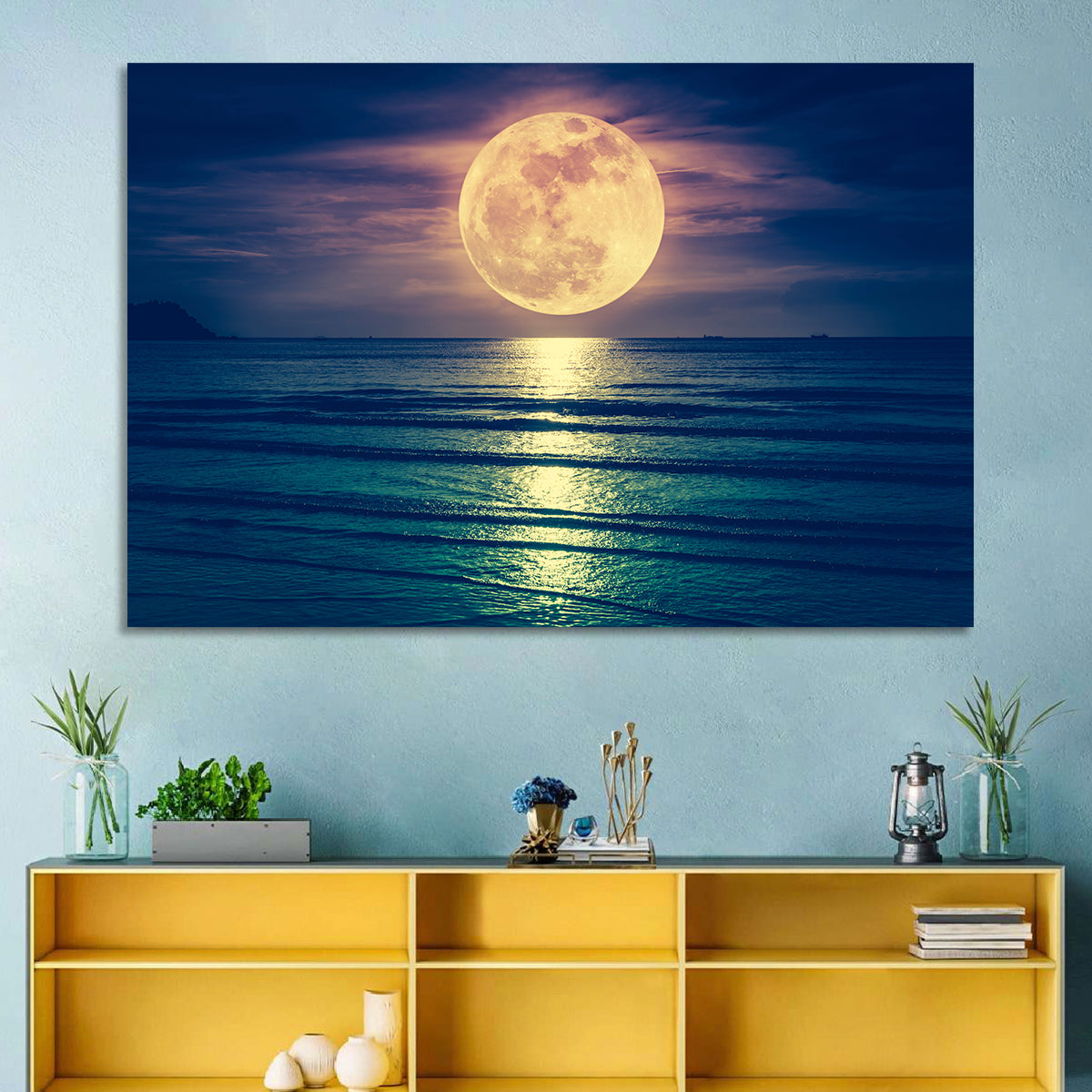 Supermoon Over Calm Sea Wall Art in a room, landscape