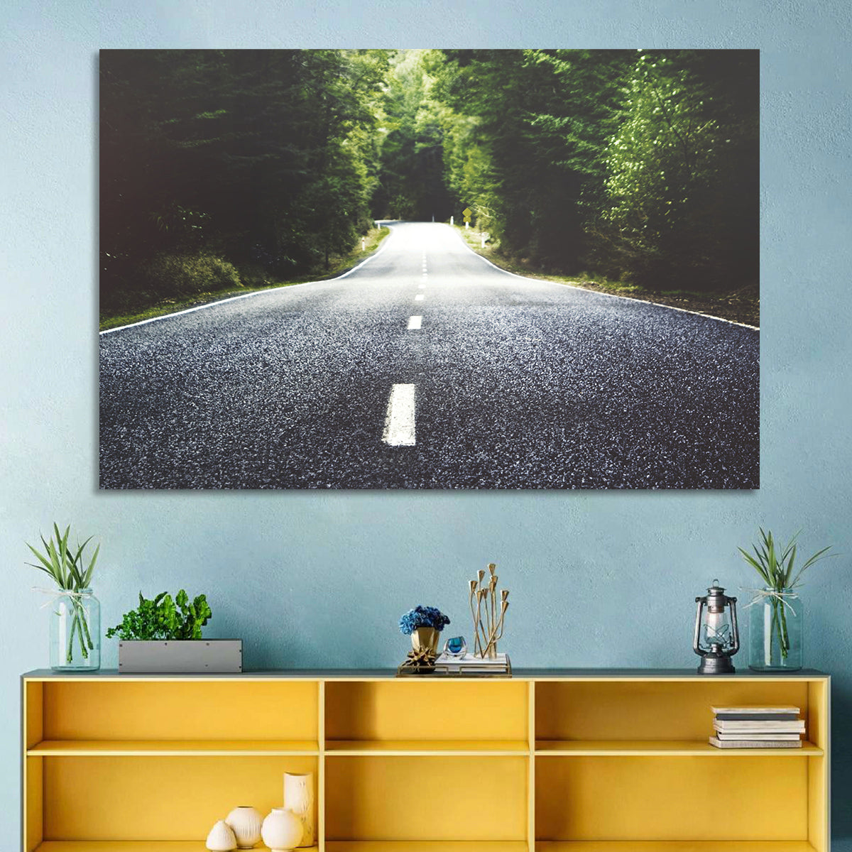 Summer Forest Road with Yellow Sign Wall Art in a room, landscape