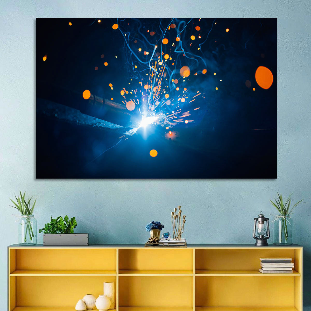 Welding Sparks Close-up Wall Art in a room, landscape