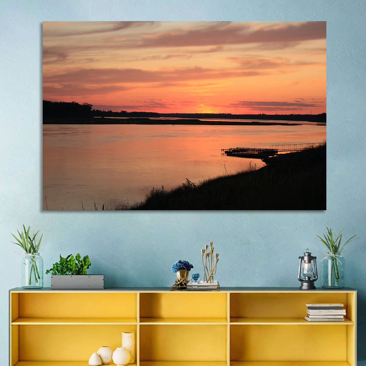 Missouri River Sunset at Dusk Wall Art in a room, landscape