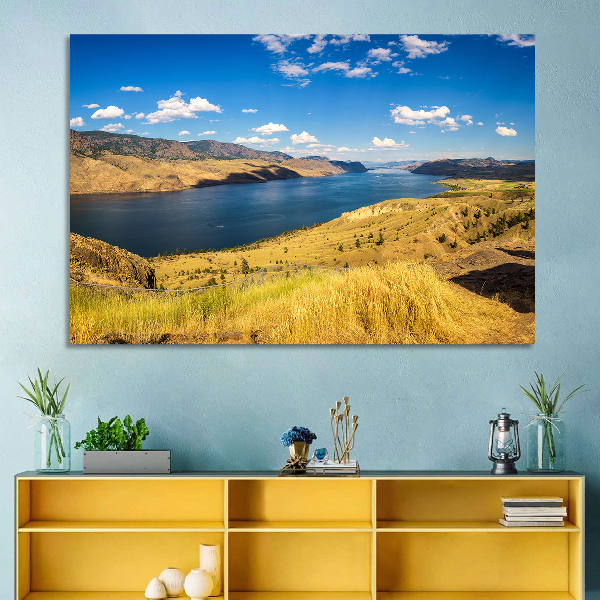 Golden Grass at Kamloops Lake Wall Art in a room, landscape
