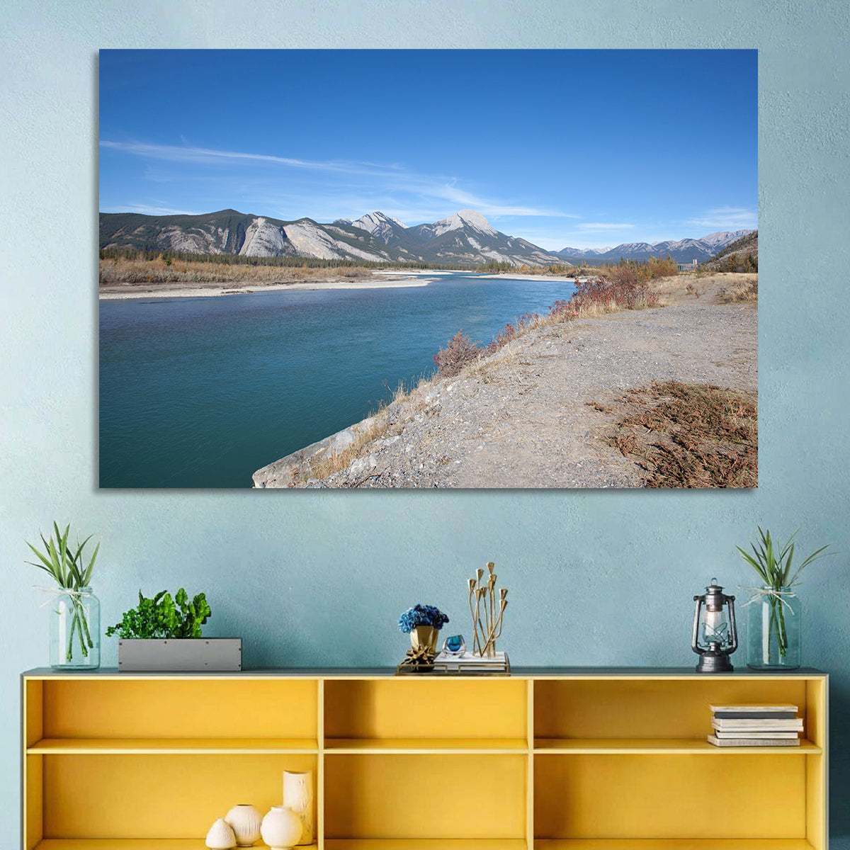 Mount Aeolus Over Athabasca Riverbank Wall Art in a room, landscape