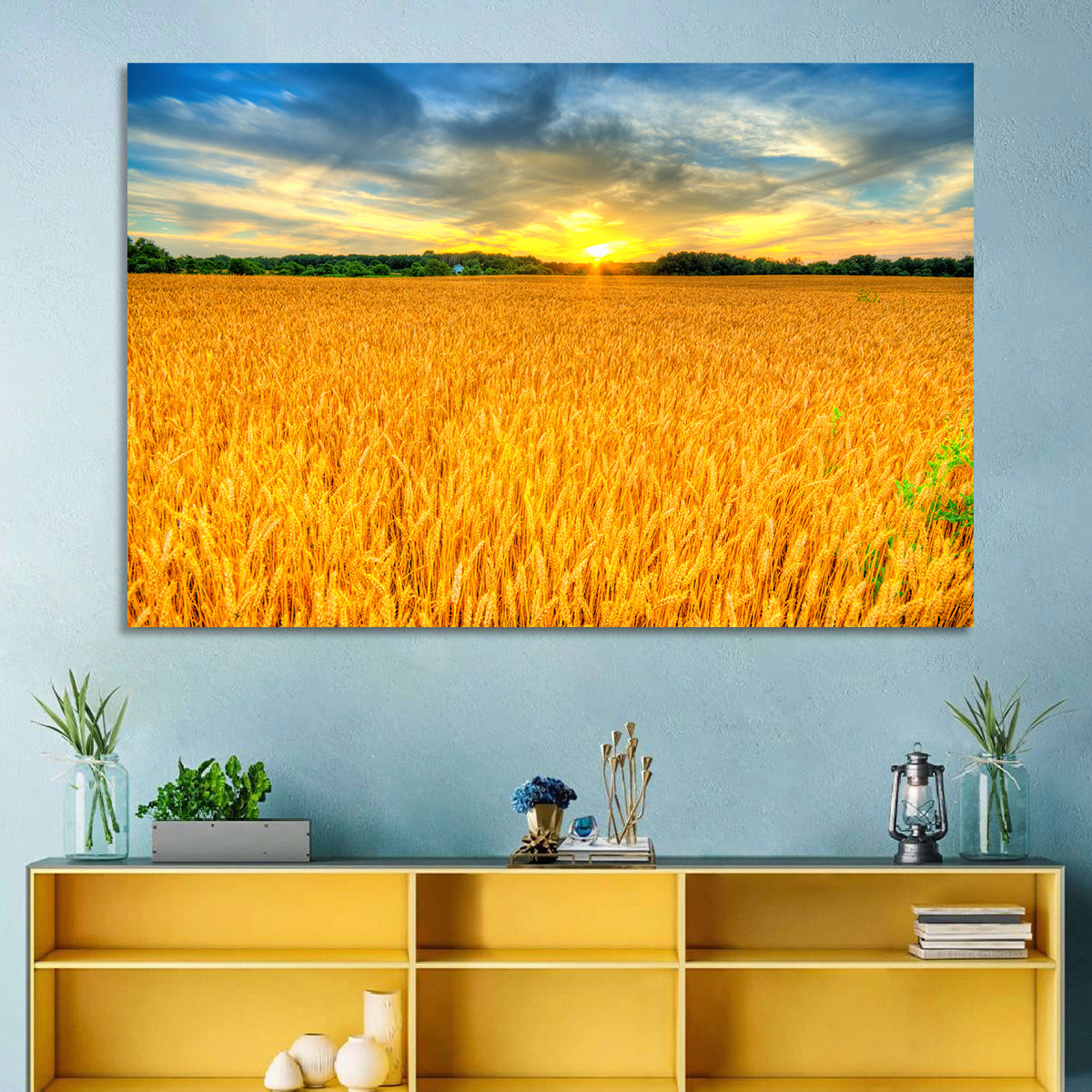 Wheat Field Sunset Wall Art in a room, landscape