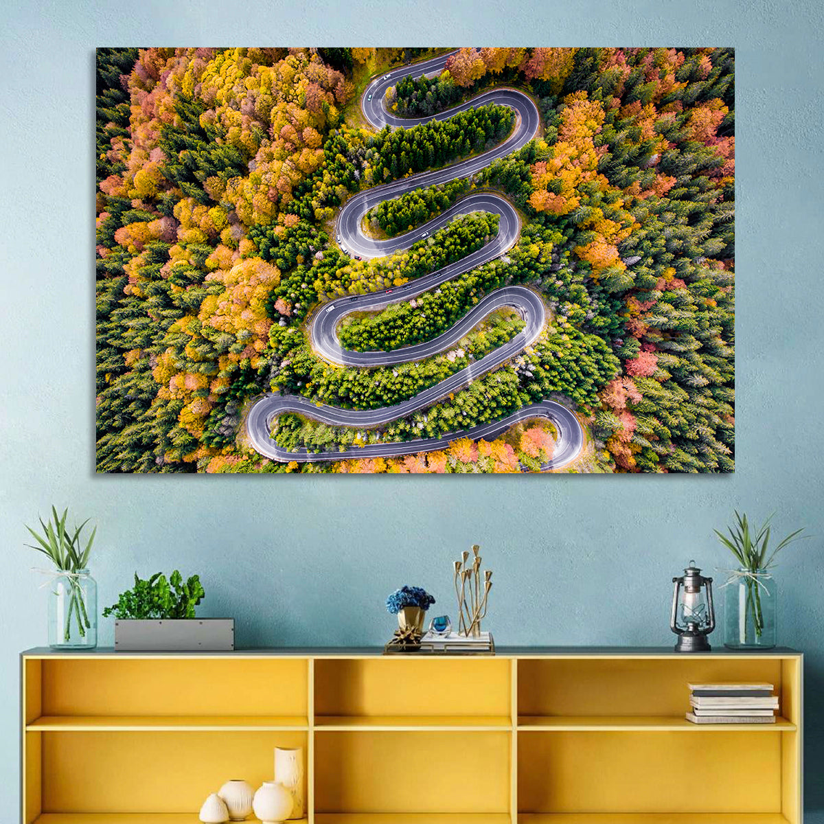 Autumn Winding Forest Road Wall Art in a room, landscape