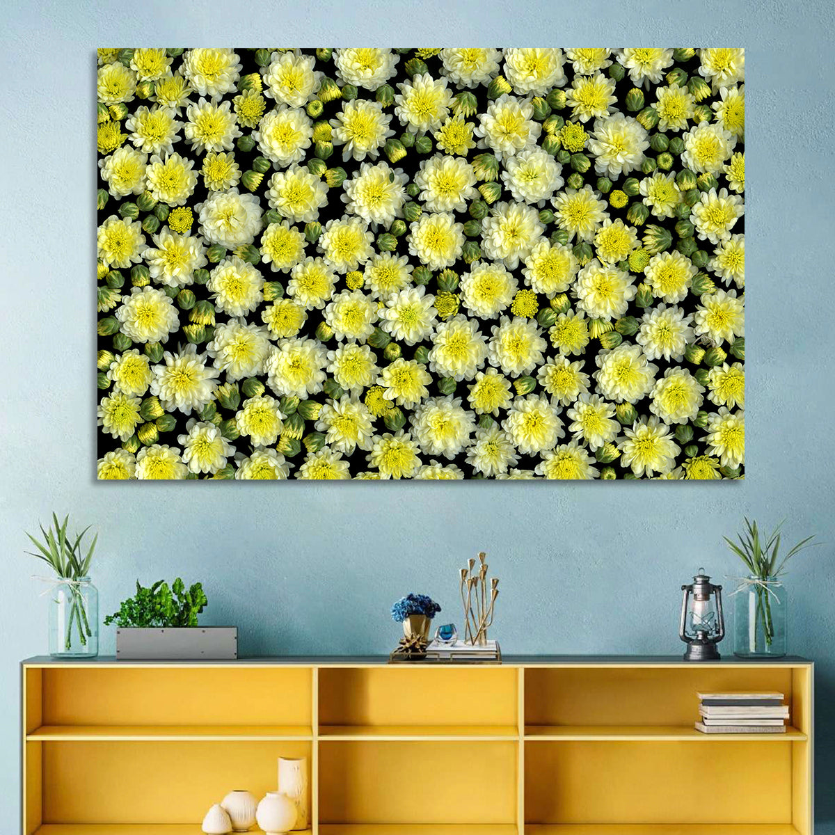 Yellow Chrysanthemum Bloom Pattern Wall Art in a room, landscape