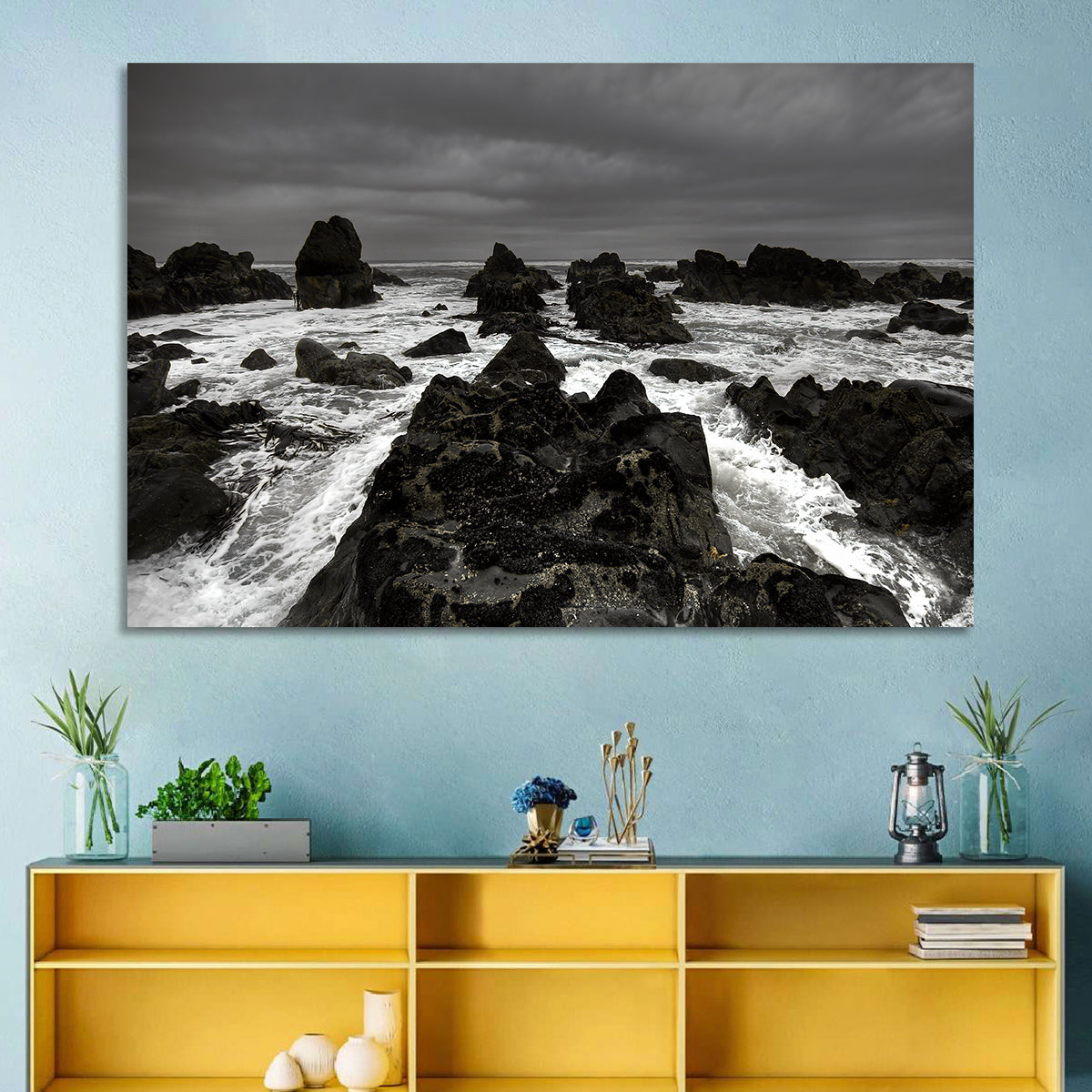 Moody Black and White Rocky Coast Waves Wall Art in a room, landscape