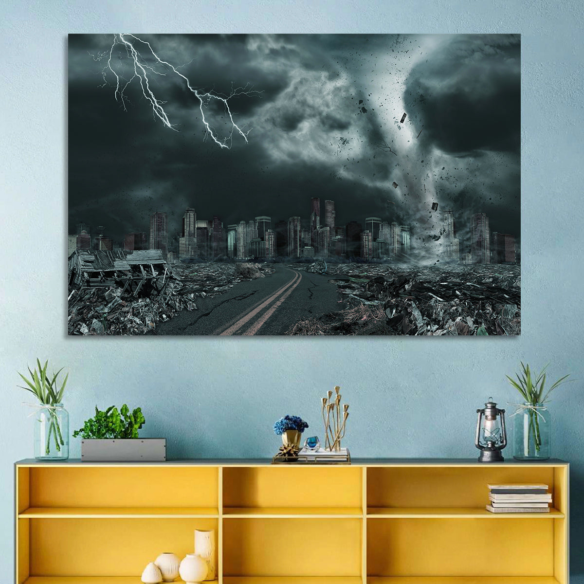 Tornado Over Destroyed City Skyline Wall Art in a room, landscape