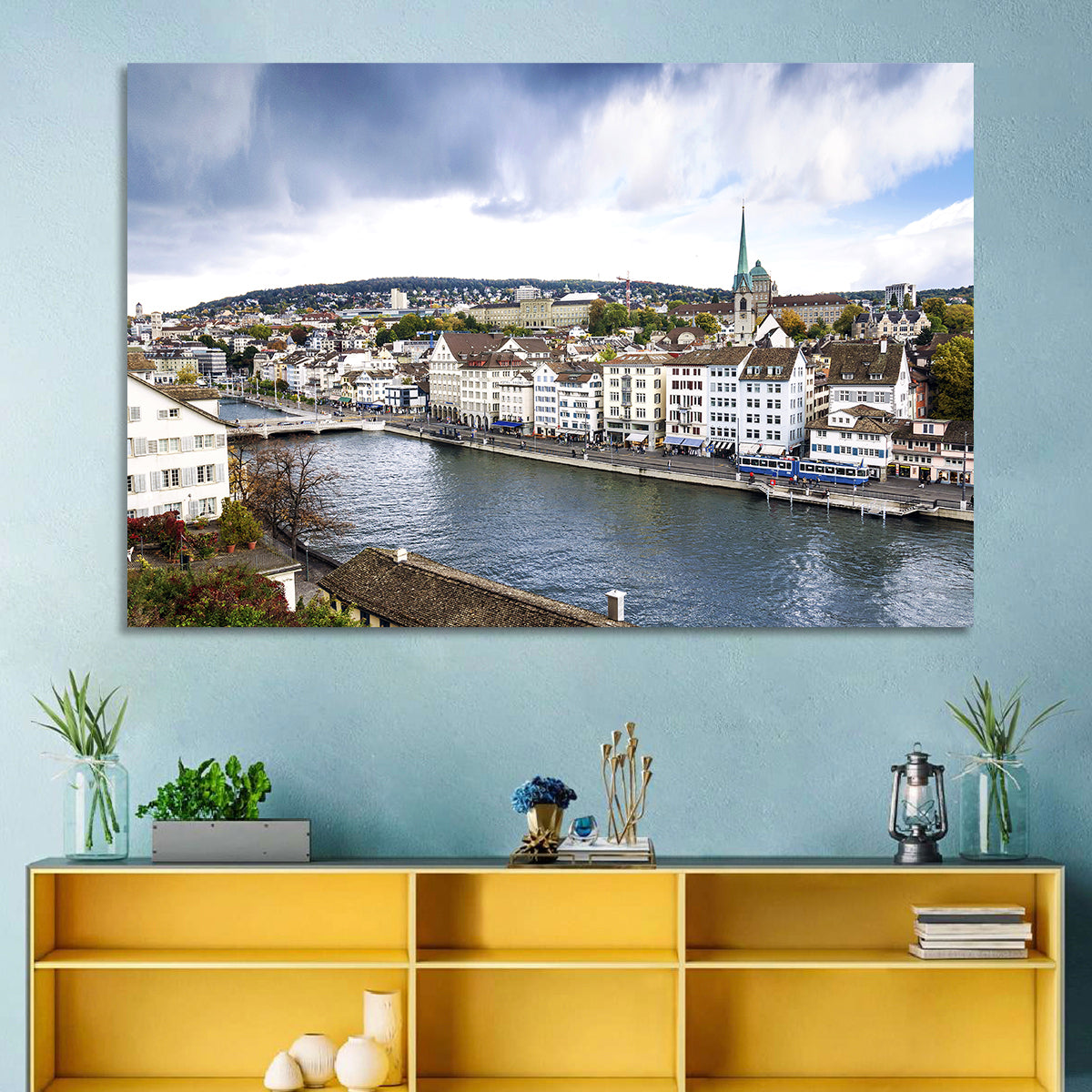 Limmat River at Fraumünster, Zurich Wall Art in a room, landscape