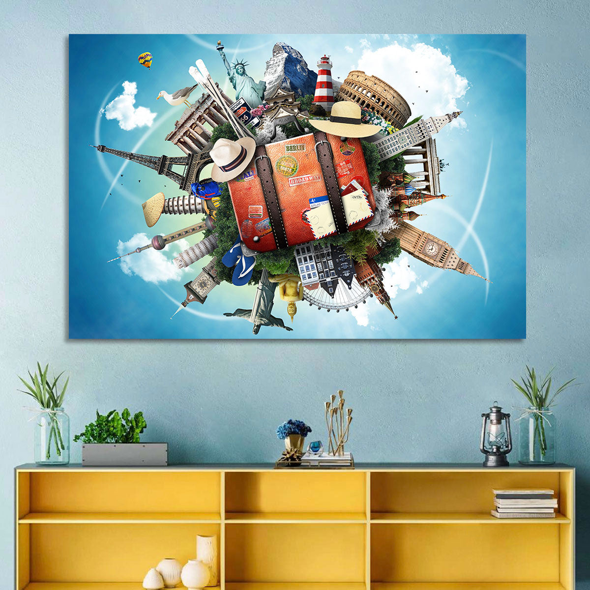 Suitcase and World Landmarks Montage Wall Art in a room, landscape