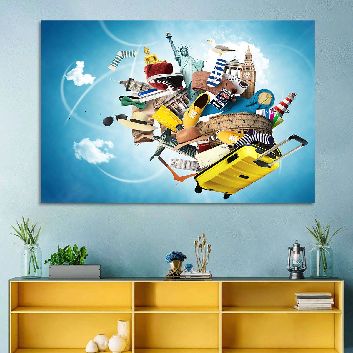 Floating Landmarks with Yellow Suitcase Wall Art