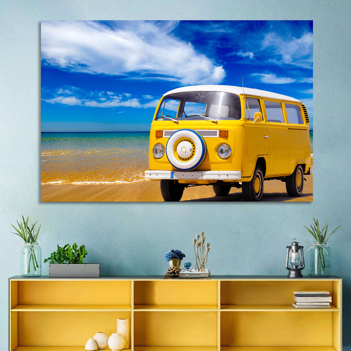 Yellow Vintage Van on Beach Wall Art