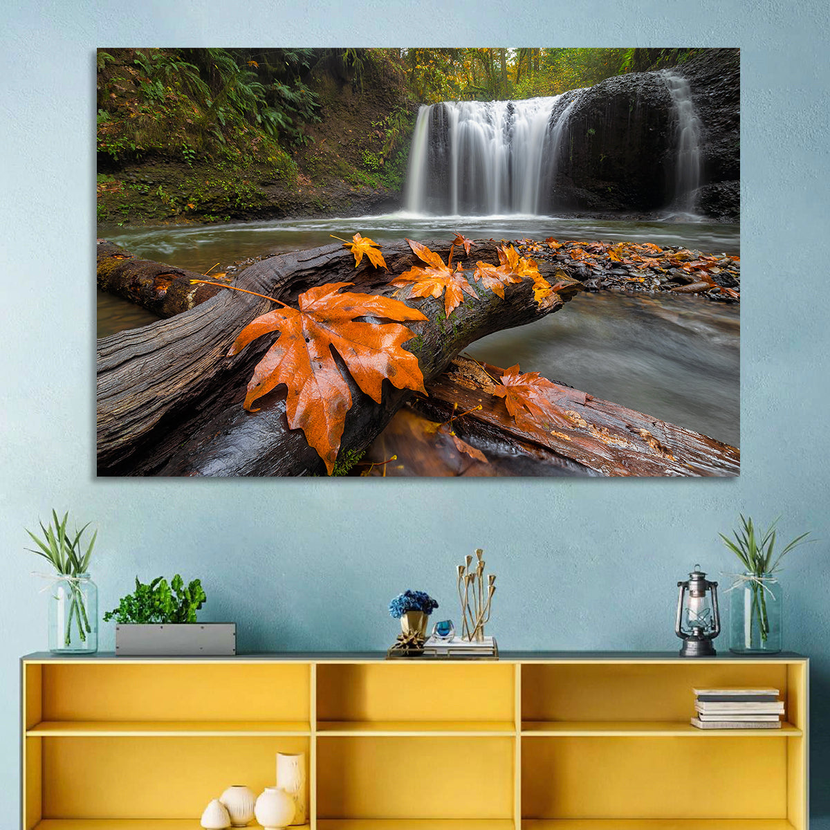 Clackamas Waterfall with Maple Leaf Wall Art in a room, landscape