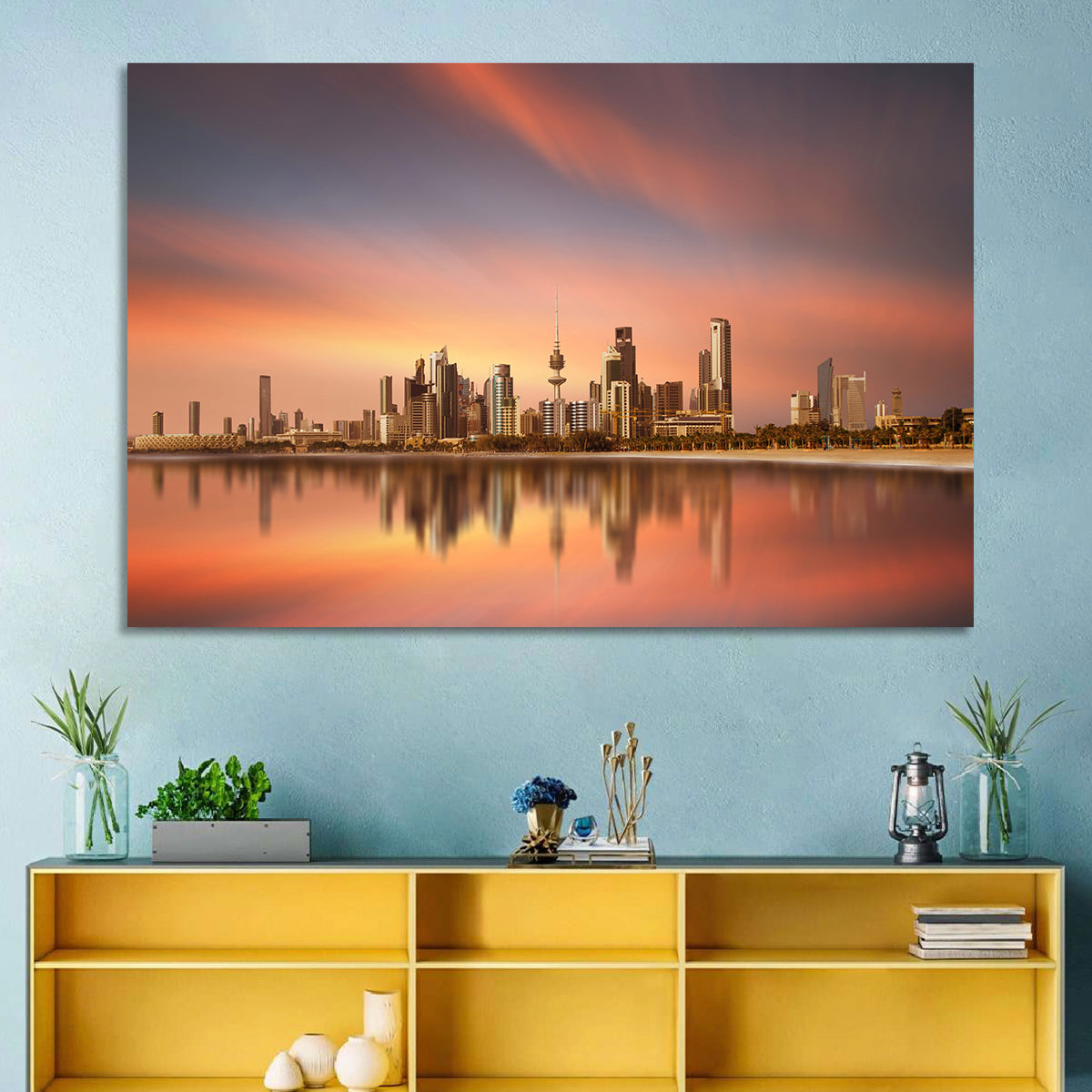 Kuwait City Skyline at Sunset Wall Art in a room, landscape