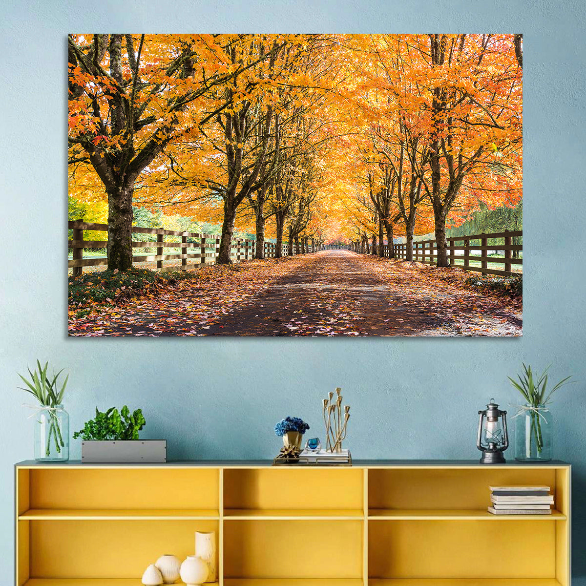 Maple Lane in Autumn Wall Art in a room, landscape