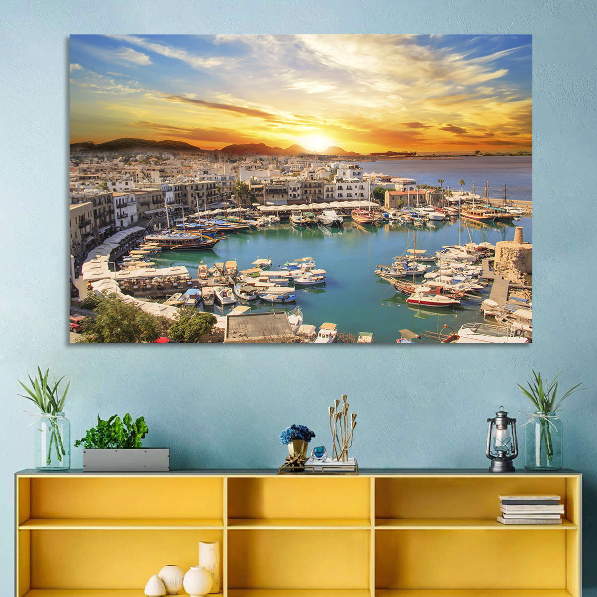 Kyrenia Harbour at Sunset Wall Art in a room, landscape