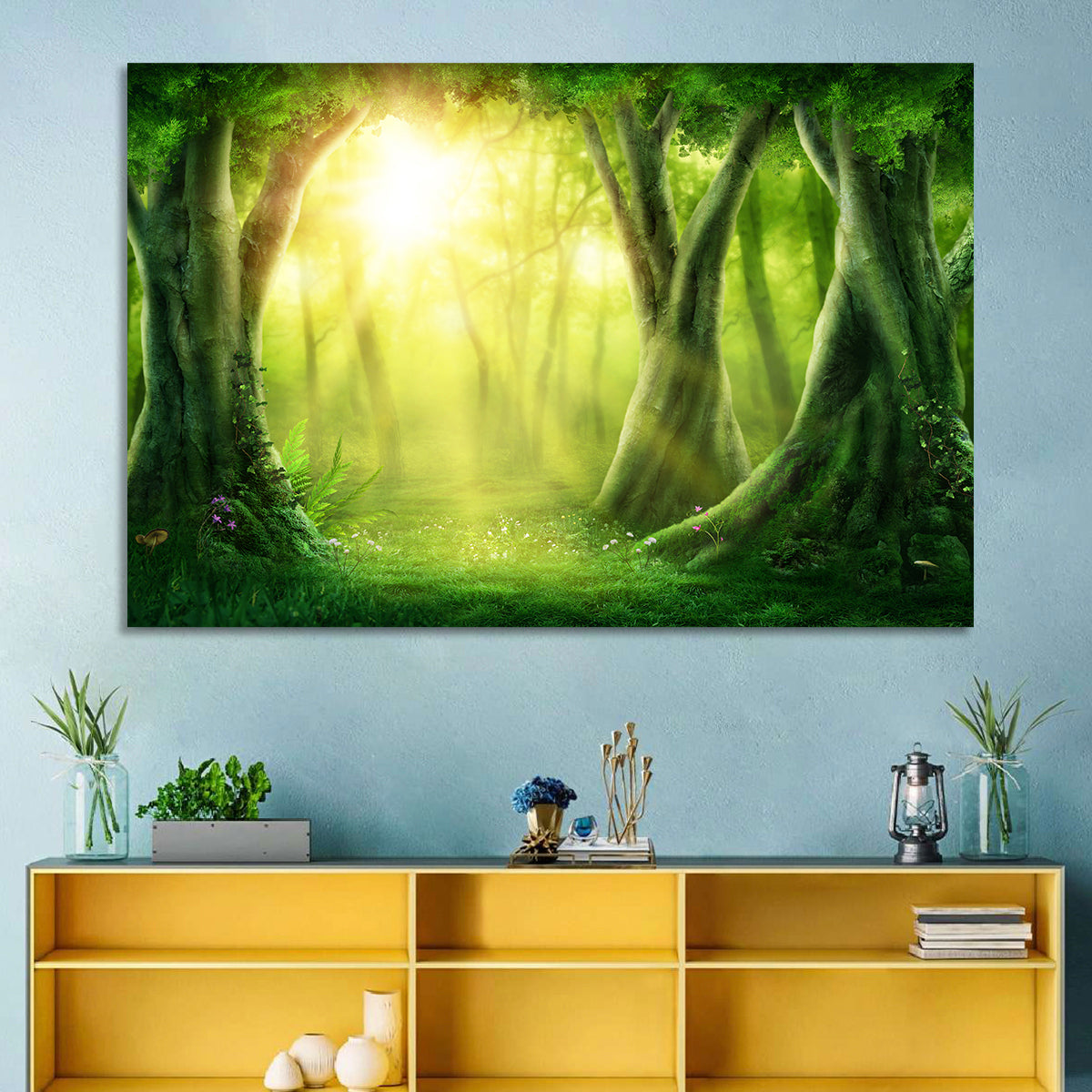 Enchanted Forest at Sunrise Wall Art in a room, landscape