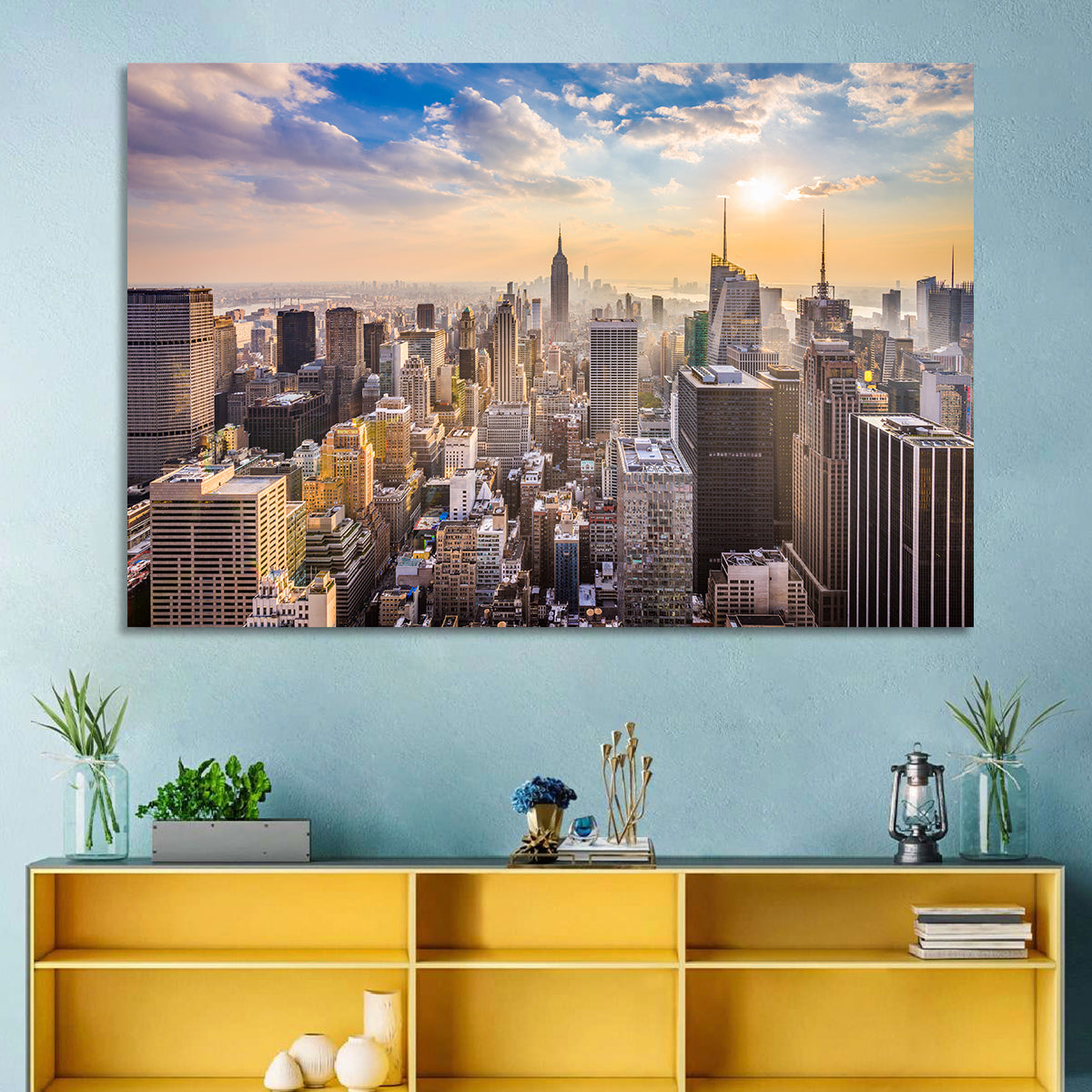 New York City Skyline at Golden Hour Wall Art in a room, landscape
