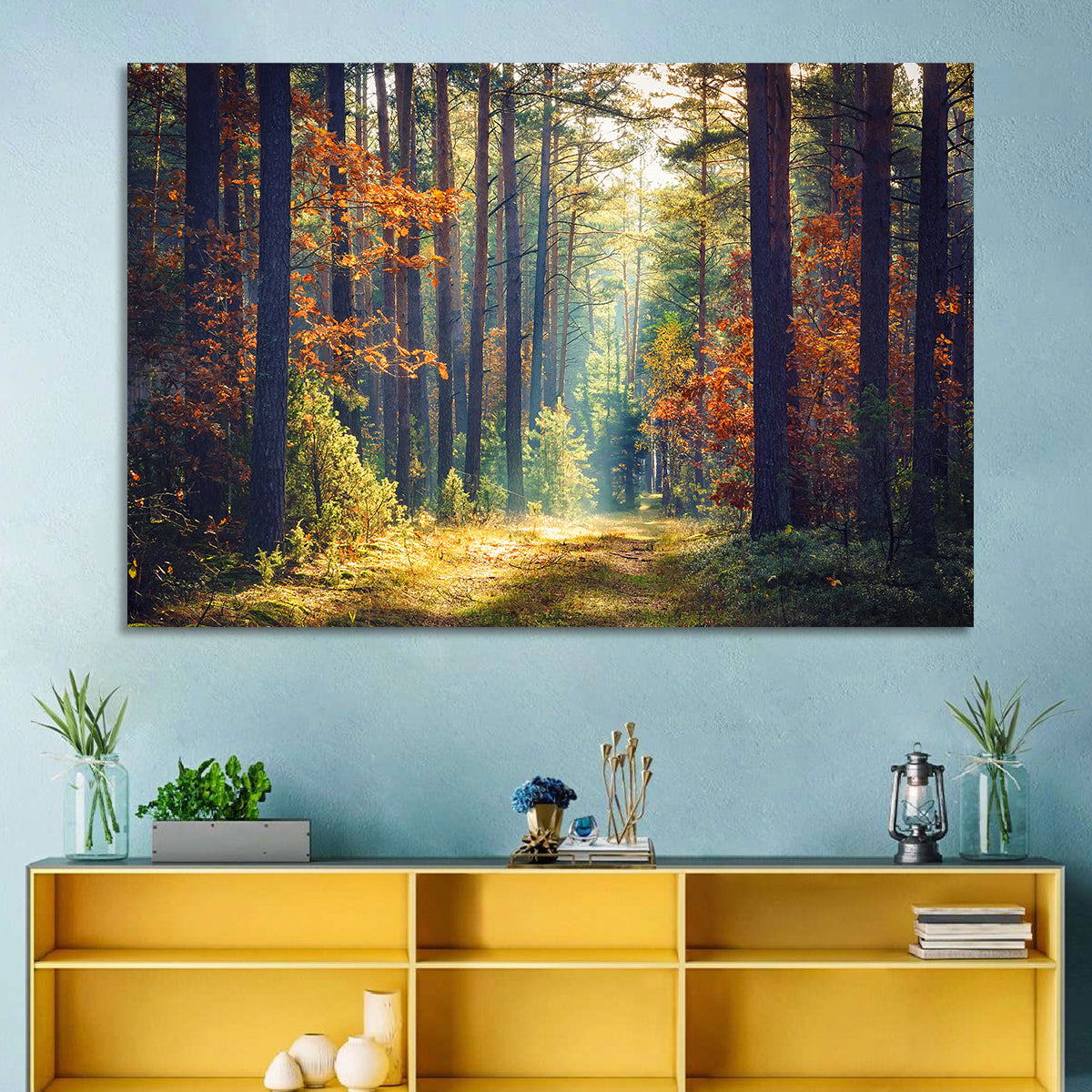 Sunlit Autumn Pine Forest Wall Art in a room, landscape