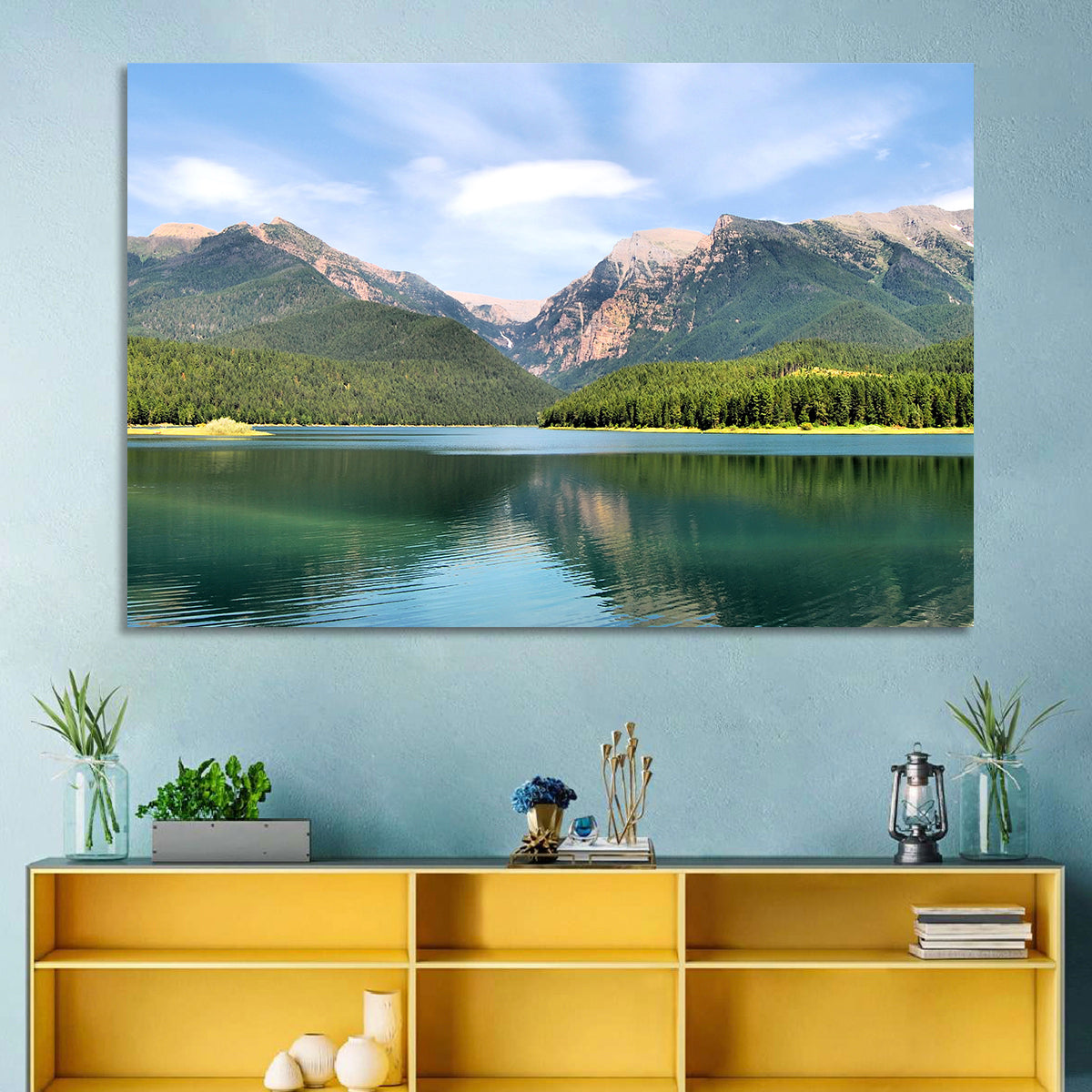 Mission Mountain Lake Reflection Wall Art in a room, landscape