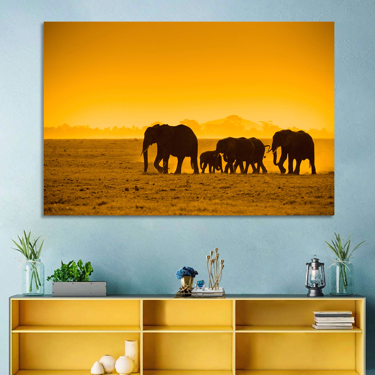 Elephant Family Silhouette Wall Art in a room, landscape