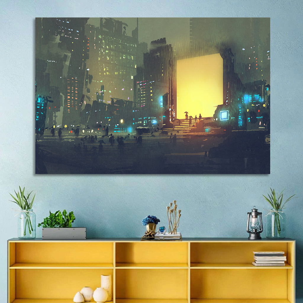 Rainy Night City with Glowing Portal Wall Art