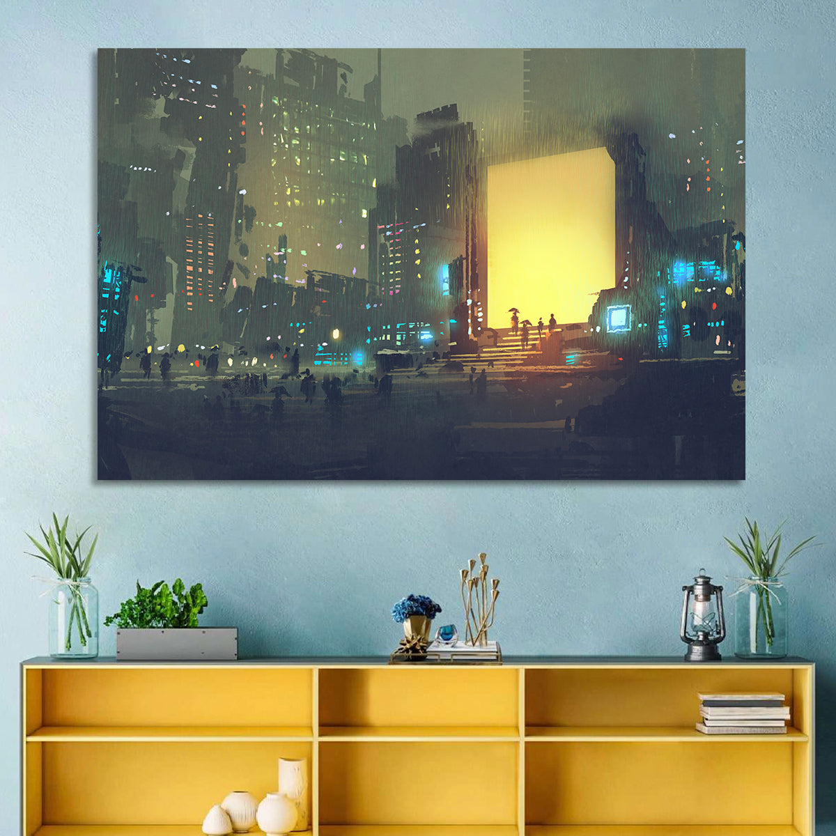 Rainy Night City with Glowing Portal Wall Art in a room, landscape